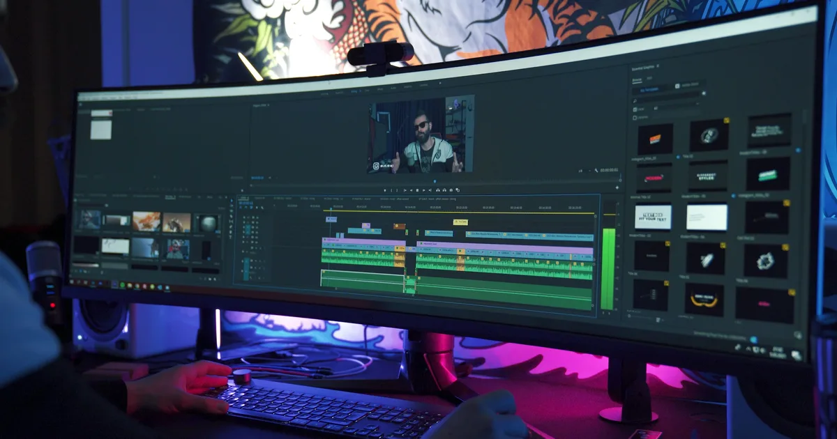 Video editing software on an ultrawide monitor lit by colored desk lights